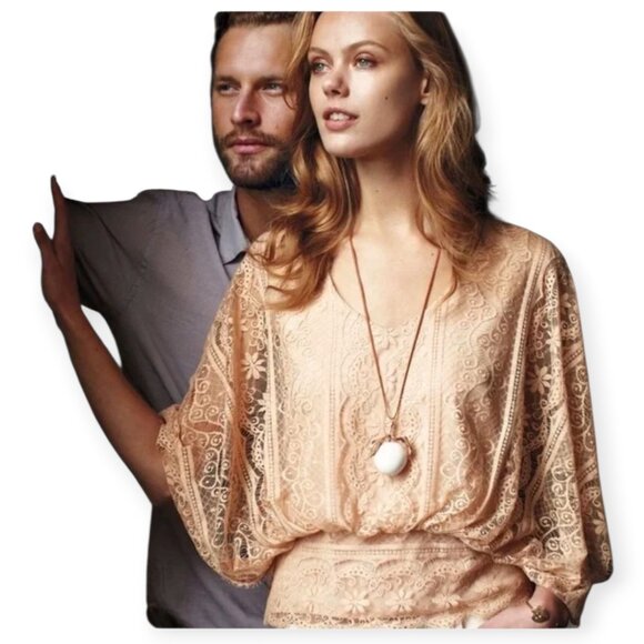 Anthropologie Beyond Vintage Peach Tea Lace Blouse Kimono Sleeve NWT Size L - Picture 2 of 16